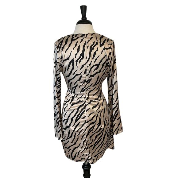 VICI Zebra Print Satin Mini Dress Faux Wrap Tie Front Long Bell Sleeve Medium - Picture 7 of 13